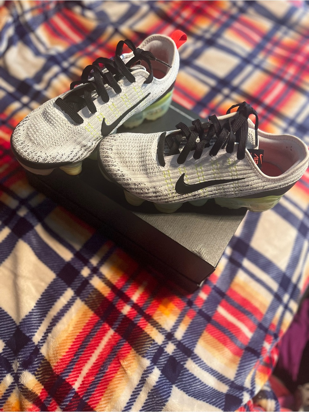 Nike Kids White and Black Flyknit Sneakers with Neon Green Accents